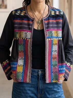 Harper & Sloane Boho Festival Tribal Aztec Coins Jacket Vintage Vibe Colorful